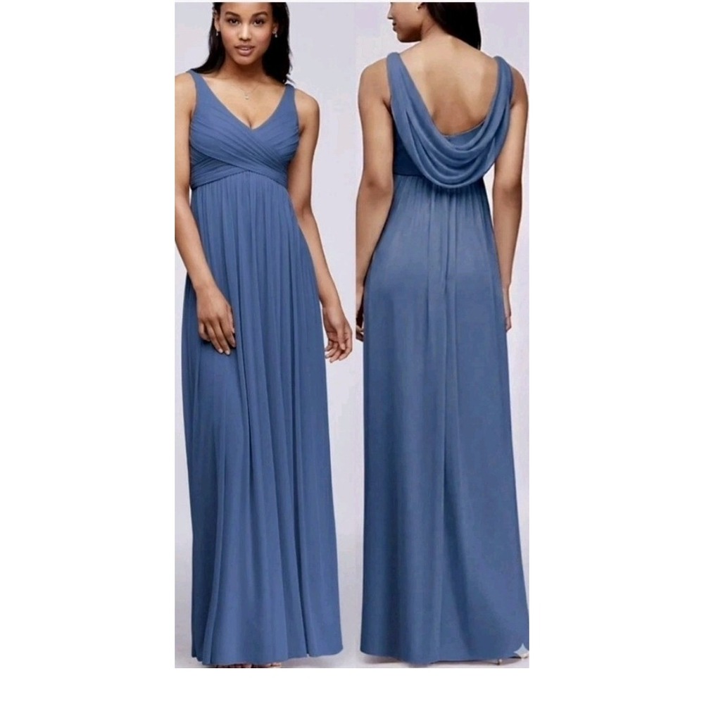 David's Bridal Long Mesh Dress w Cowl Back Detail STYLE# F15933 Sz 12 Steel Blue